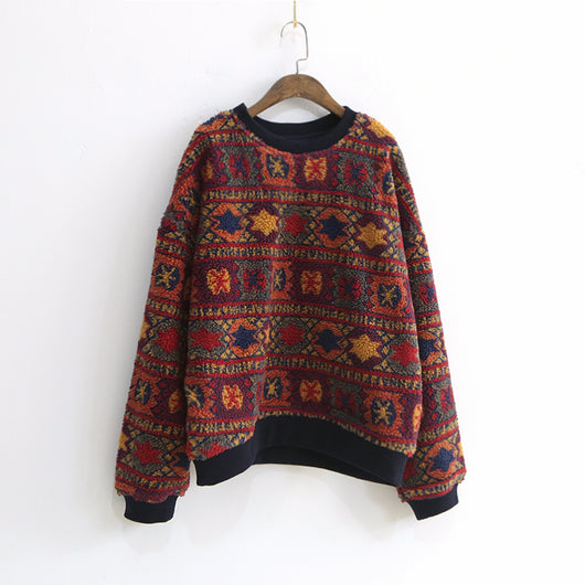 Blusa Pullover Cuello Redondo Lana de Cordero Estilo Étnico Estampado Retro - Image 7