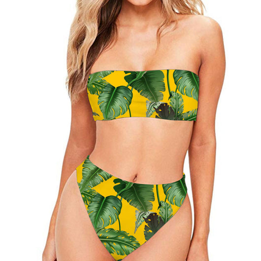 Dark blue two-piece bikini with strapless bandeau top and high-waisted bottom, featuring a tropical leaf and floral print. - Image 10