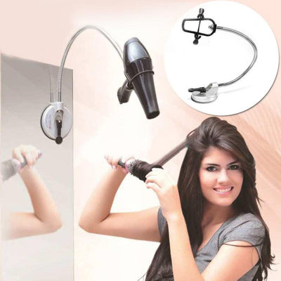 Hands-free hair dryer holder with a flexible silver gooseneck arm and a black suction cup base, holding a black hair dryer. - Image 2