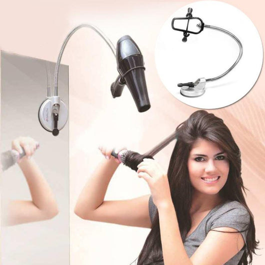 Hands-free hair dryer holder with a flexible silver gooseneck arm and a black suction cup base, holding a black hair dryer. - Image 2