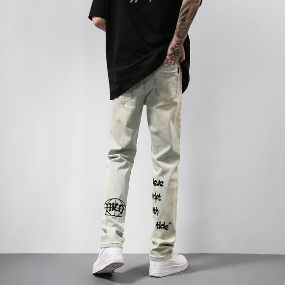 Jeans Vintage Americano Desgastado Amarillo con Estampado de Letras