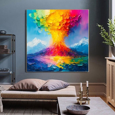 Cuadro Óleo Artesanal Erupción Volcánica - Lienzo Grueso Naranja y Azul - Image 6