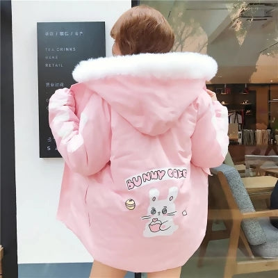 Abrigo Parka Kawaii Conejo Rosa y Lavanda con Capucha y Borde de Pelaje para Invierno