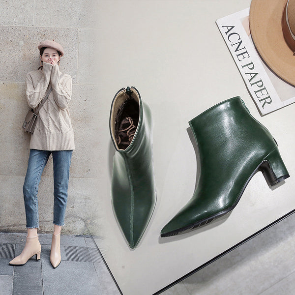 Botas Cortas de Cuero para Mujer con Tacón Grueso