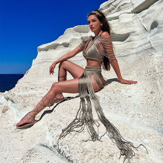 Vestido Playero Tejido a Mano con Borlas y Escote Cruzado Sexy - Image 15