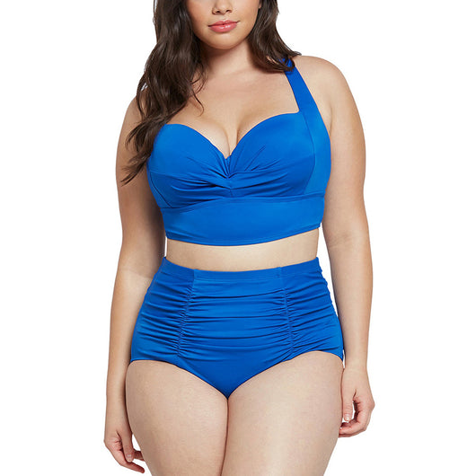 Plus size maternity two-piece swimsuit in royal blue with a ruched bandeau top and high-waisted ruched bottoms. - Image 10