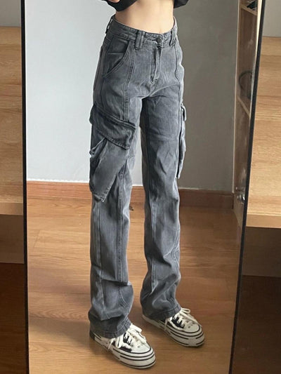 Jeans de Trabajo Gris Vintage con Bolsillos Funcionales para Mujer - Image 12