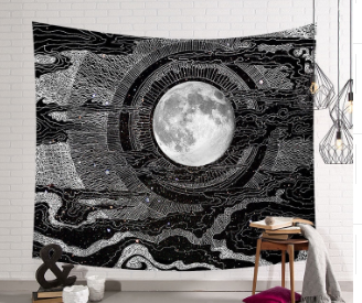 Black and white Indian mandala tapestry with a detailed moon and celestial design, hung above a bed. - Image 2