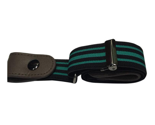 Red, white, and blue striped elastic stretch belt with brown leather-look ends and a silver-tone double buckle. - Image 10