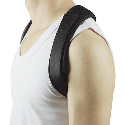 Black back shoulder spine posture corrector worn over a white long-sleeved shirt, showing adjustable straps. (2 pcs) - Image 10