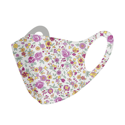 White face mask with a vibrant floral pattern featuring purple, blue, and pink flowers with green leaves. - Image 3