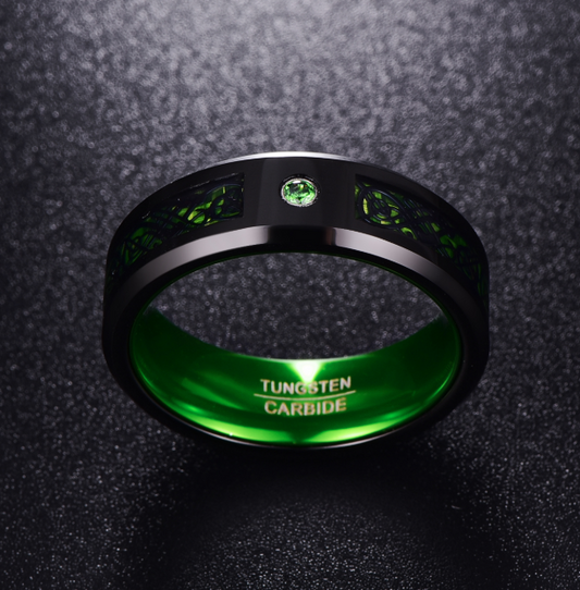 Anillo de Bodas Tungsteno Carburo Verde Zircón Mate para Hombre