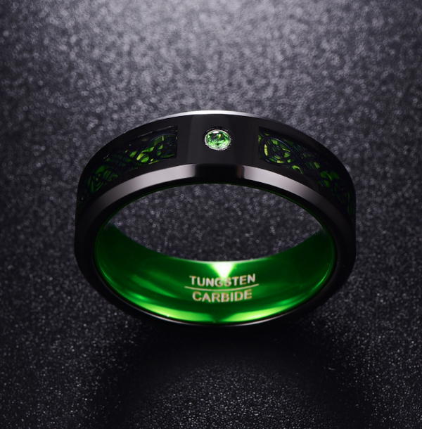 Anillo de Bodas Tungsteno Carburo Verde Zircón Mate para Hombre