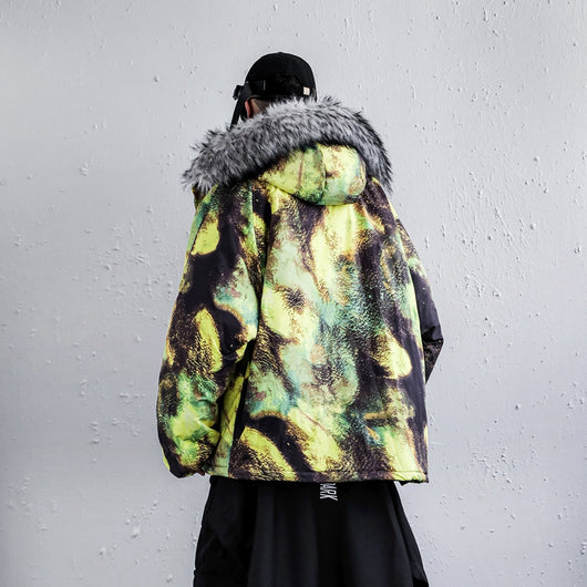 Abrigo de Invierno Hombre Talla Grande Tie-Dye Algodón con Cuello de Piel - Image 3