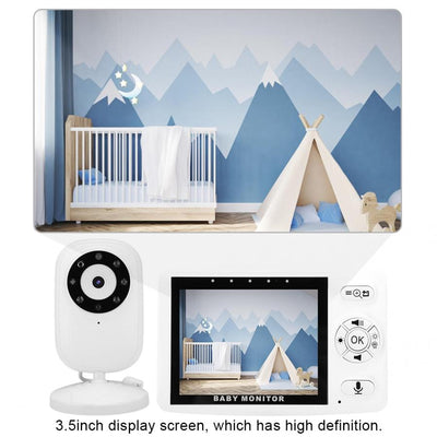 White 3.5-inch wireless baby monitor with a screen showing a smiling baby, featuring gray control buttons. - Image 3