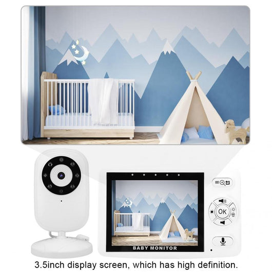 White 3.5-inch wireless baby monitor with a screen showing a smiling baby, featuring gray control buttons. - Image 3
