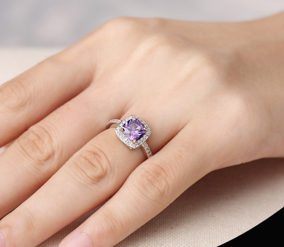 Anillo de Plata 925 con Amatista y Diamante - Diseño Coreano Elegante - Image 3