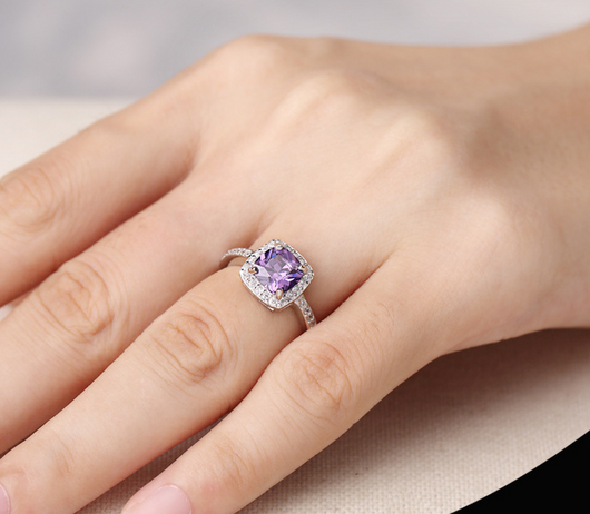 Anillo de Plata 925 con Amatista y Diamante - Diseño Coreano Elegante - Image 3