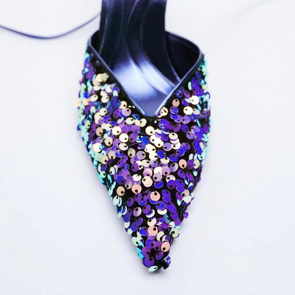 Mulas Tacón Alto con Lentejuelas Negras y Azules