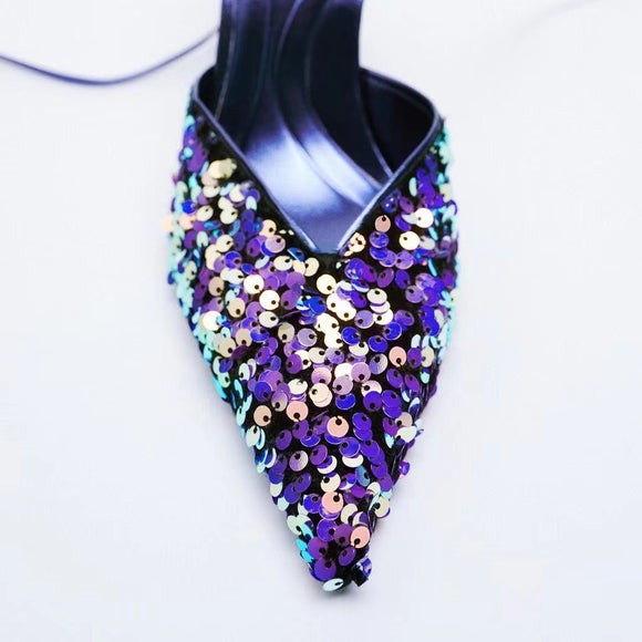 Mulas Tacón Alto con Lentejuelas Negras y Azules
