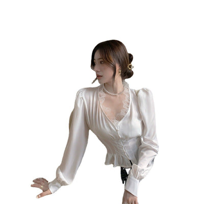 Blusa Blanca de Encaje con Mangas Largas y Volantes para Mujer - Image 3