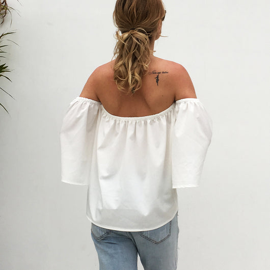 Blusa Elegante Hombros Descubiertos con Cuello Anudado - Chifón Manga 7/8 - Image 4