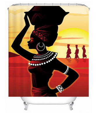 Shower curtain with an illustration of an African woman carrying a pot on her head against a sunset background. - Image 3
