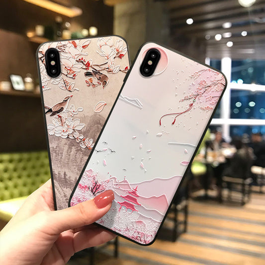Funda iPhone 8 Plus Estilo Chino con Relieve 3D - Diseño Urraca y Puesta de Sol - Image 2
