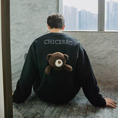 Suéter Holgado Azul Cuello Redondo con Oso para Hombre - Image 14