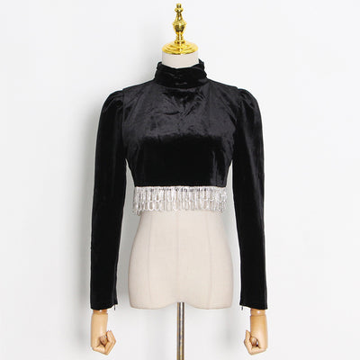 Blusa Ante Cuello Alto con Flecos y Falda Cadera - Image 4