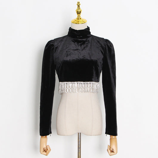 Blusa Ante Cuello Alto con Flecos y Falda Cadera - Image 4