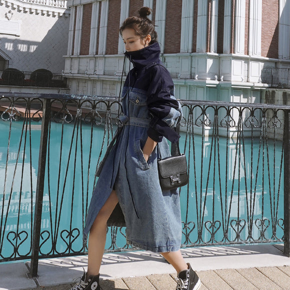 Vestido Denim Patchwork con Cortavientos de Moda