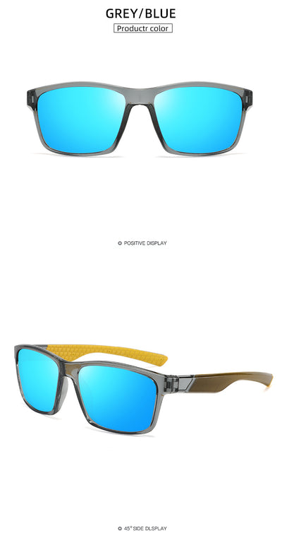 Black and blue polarized sports sunglasses with rectangular frames and blue mirrored lenses reflecting snowy mountains. - Image 18