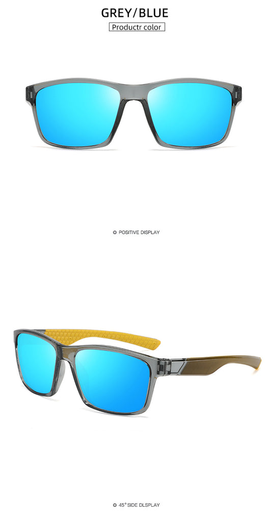 Black and blue polarized sports sunglasses with rectangular frames and blue mirrored lenses reflecting snowy mountains. - Image 18