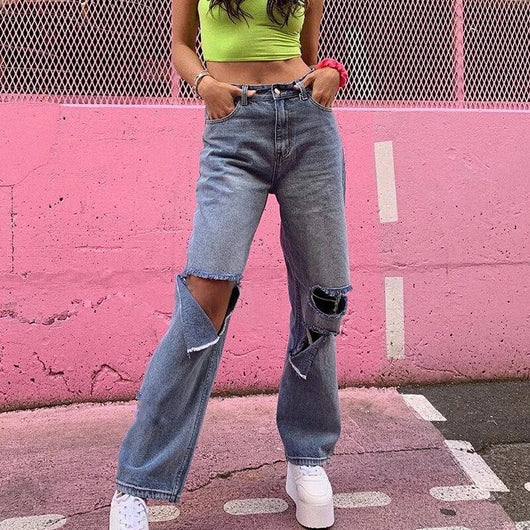 Jeans Rotos de Talle Alto y Pierna Ancha