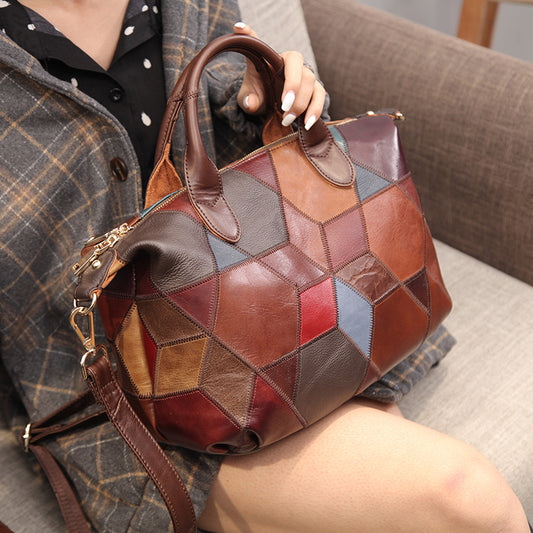 Bolso de Cuero Genuino con Contraste y Asa Única