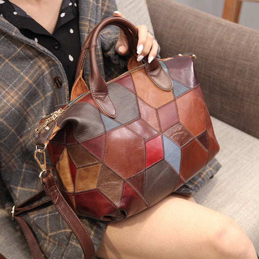 Bolso de Cuero Genuino con Contraste y Asa Única