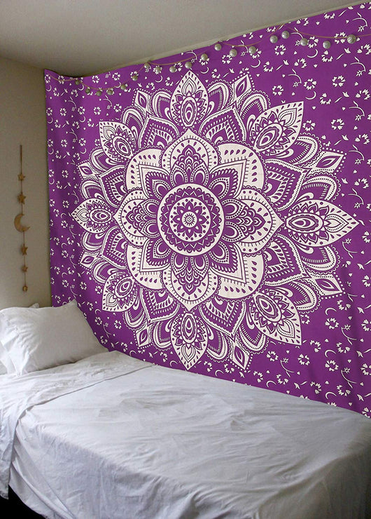Navy blue tapestry with a large gold mandala pattern and smaller gold floral designs, made of polyester. - Image 4