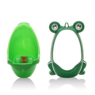Green and orange frog-shaped children's urinal with large eyes and a spinning target for potty training. - Image 5