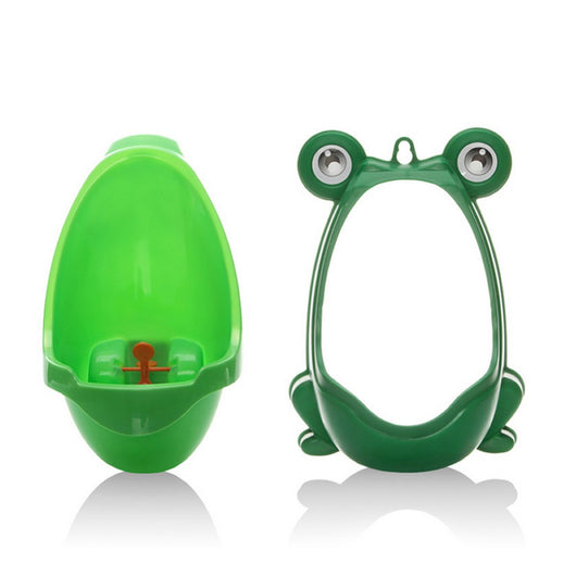 Green and orange frog-shaped children's urinal with large eyes and a spinning target for potty training. - Image 5
