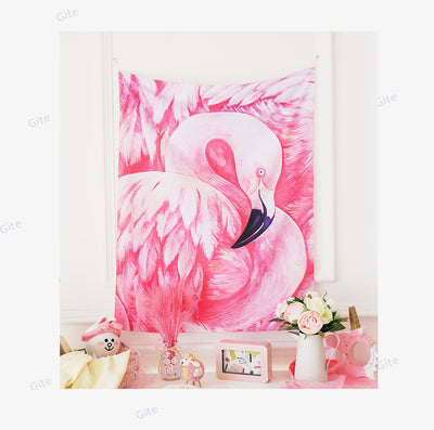 Tropical leaf and pink flamingo tapestry with "GOOD MORNING" text, hanging above a bed in a bright room. - Image 22