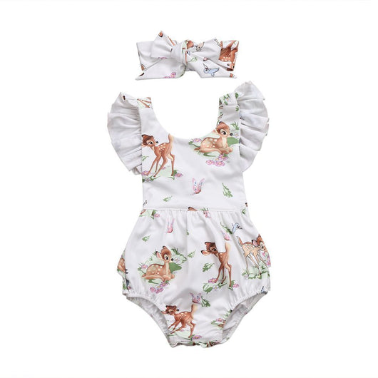 Conjunto de Verano para Bebé Niña con Venado Cartoon y Diadema con Lazo