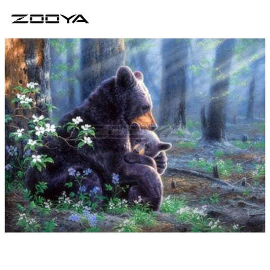 Cuadro de Diamantes 5D Bosque con Oso Negro - Pintura de Mosaico Decorativo