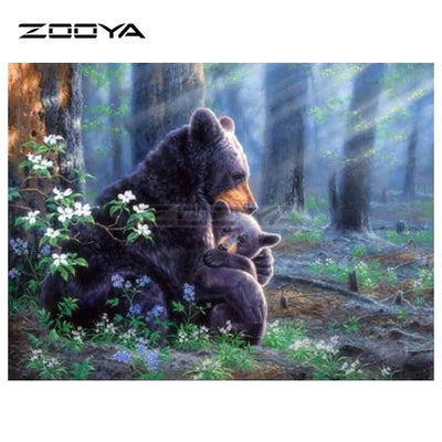 Cuadro de Diamantes 5D Bosque con Oso Negro - Pintura de Mosaico Decorativo