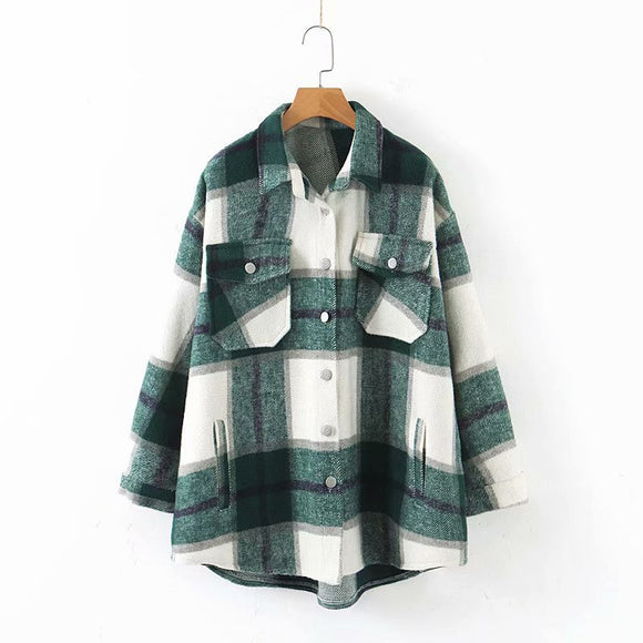 Chaqueta Camisa de Lana a Cuadros con Solapa para Mujer