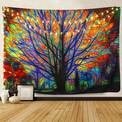 Colorful tree forest tapestry with vibrant abstract art and string lights, hung above a bed with blue bedding. - Image 4
