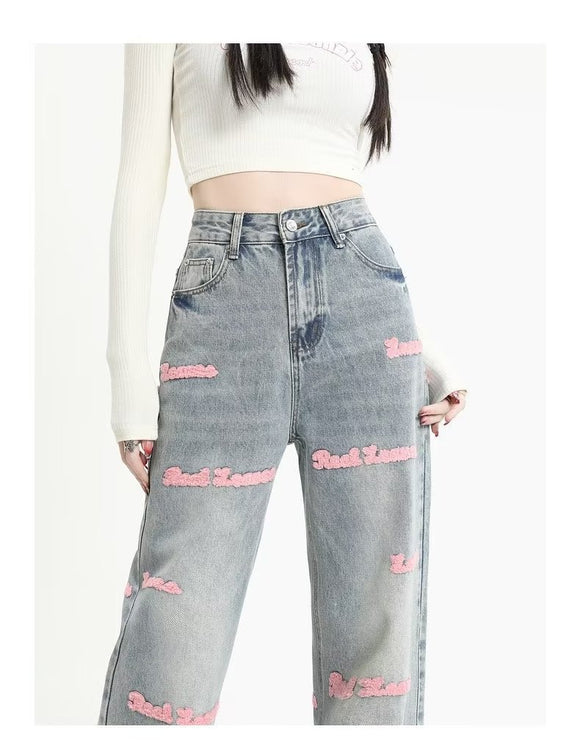 Jeans Rectos con Bordado de Letras Europeas