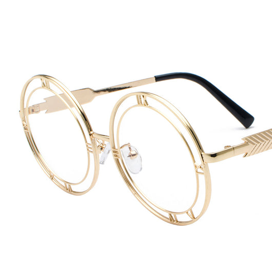 Round frame fashion sunglasses with light blue resin lenses and silver-tone metal frames featuring Roman numeral cutouts. - Image 14