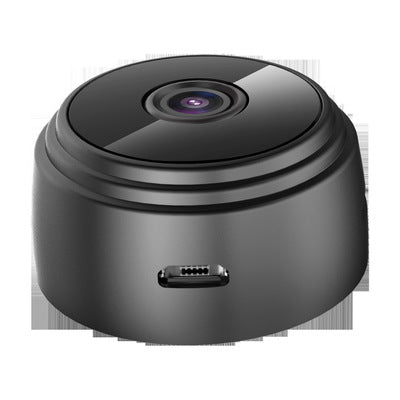 White A9 WIFI wireless network camera with a black lens, shown next to a black 32GB microSD card. - Image 3
