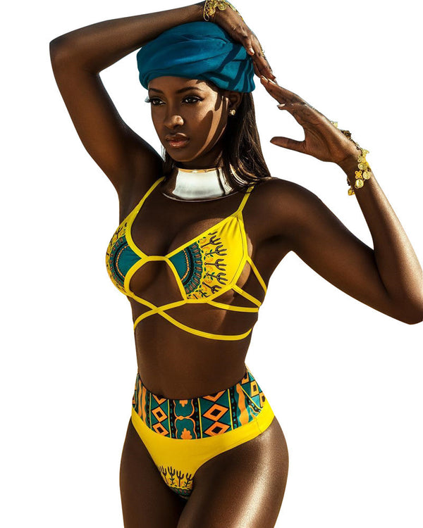 Bikini Étnico de Cintura Alta con Diseño Estampado y Abertura Frontal